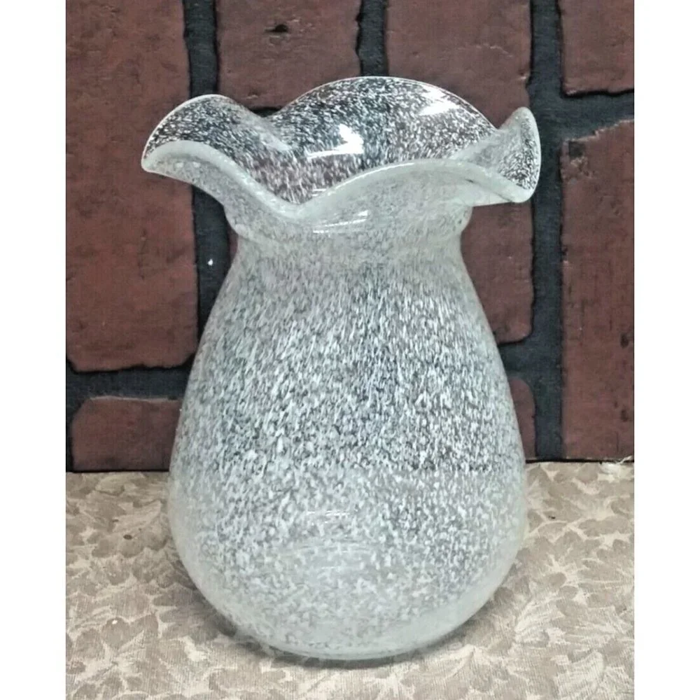 Art Glass Vase Hand Blown Clear With White Splatter Ruffle Top 7” Scalloped edge